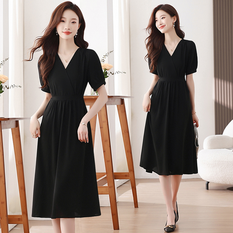 Black V-neck long dress temperament summer dress for women