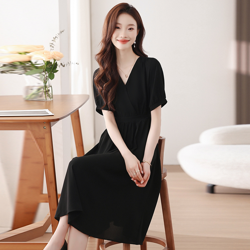 Black V-neck long dress temperament summer dress for women