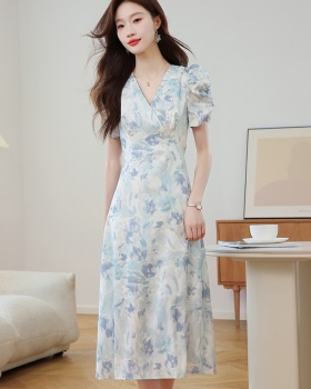 V-neck summer long dress colors puff sleeve dress