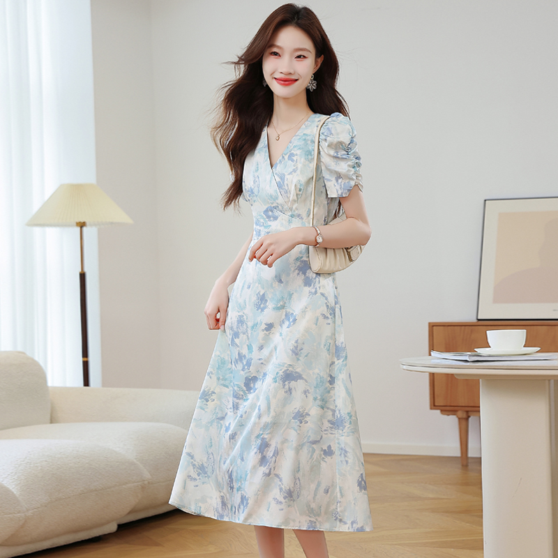 V-neck summer long dress colors puff sleeve dress