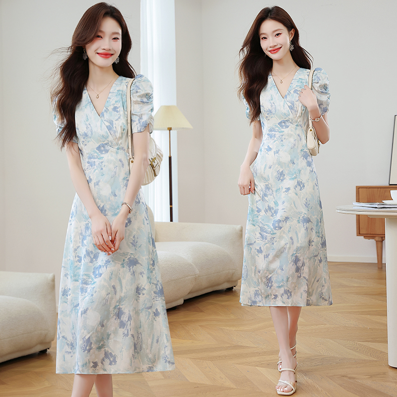 V-neck summer long dress colors puff sleeve dress