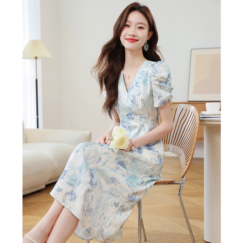 V-neck summer long dress colors puff sleeve dress