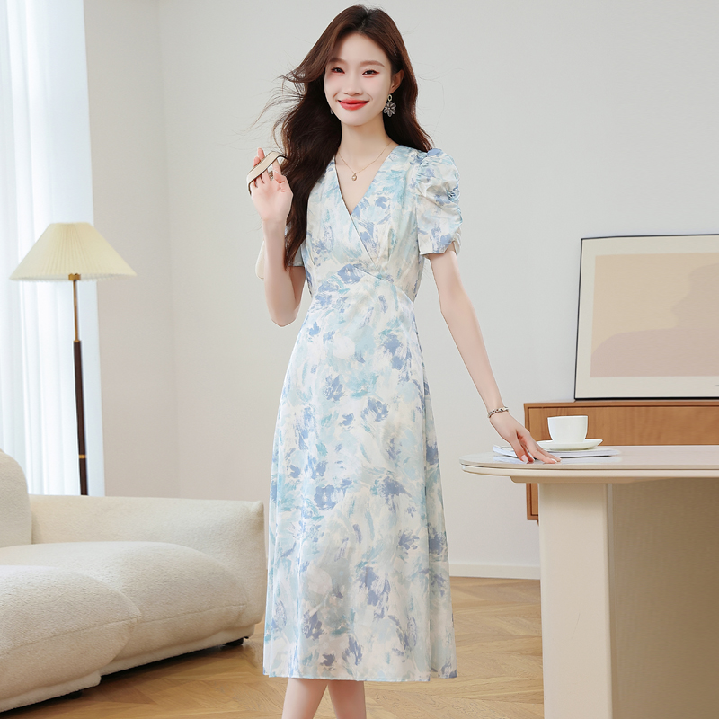 V-neck summer long dress colors puff sleeve dress