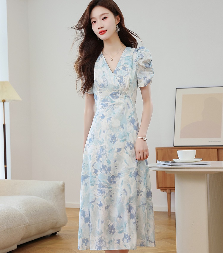 V-neck summer long dress colors puff sleeve dress