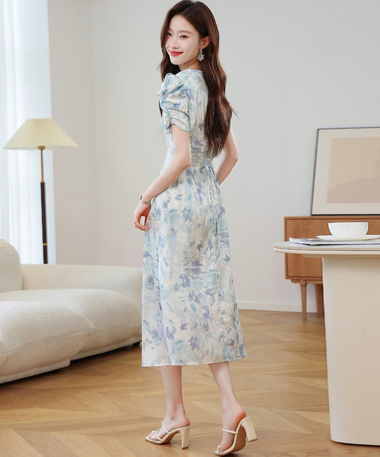 V-neck summer long dress colors puff sleeve dress