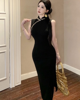 Elegant noble cheongsam retro beading long dress