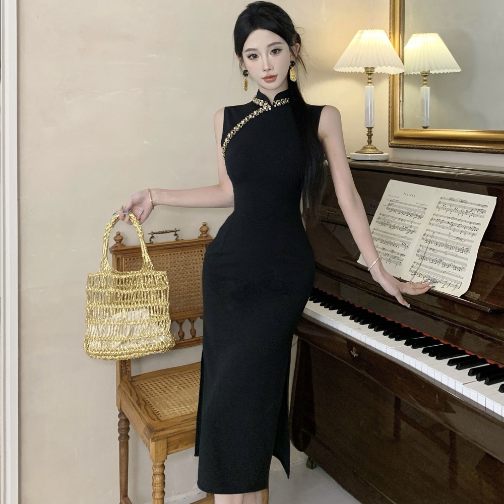 Elegant noble cheongsam retro beading long dress