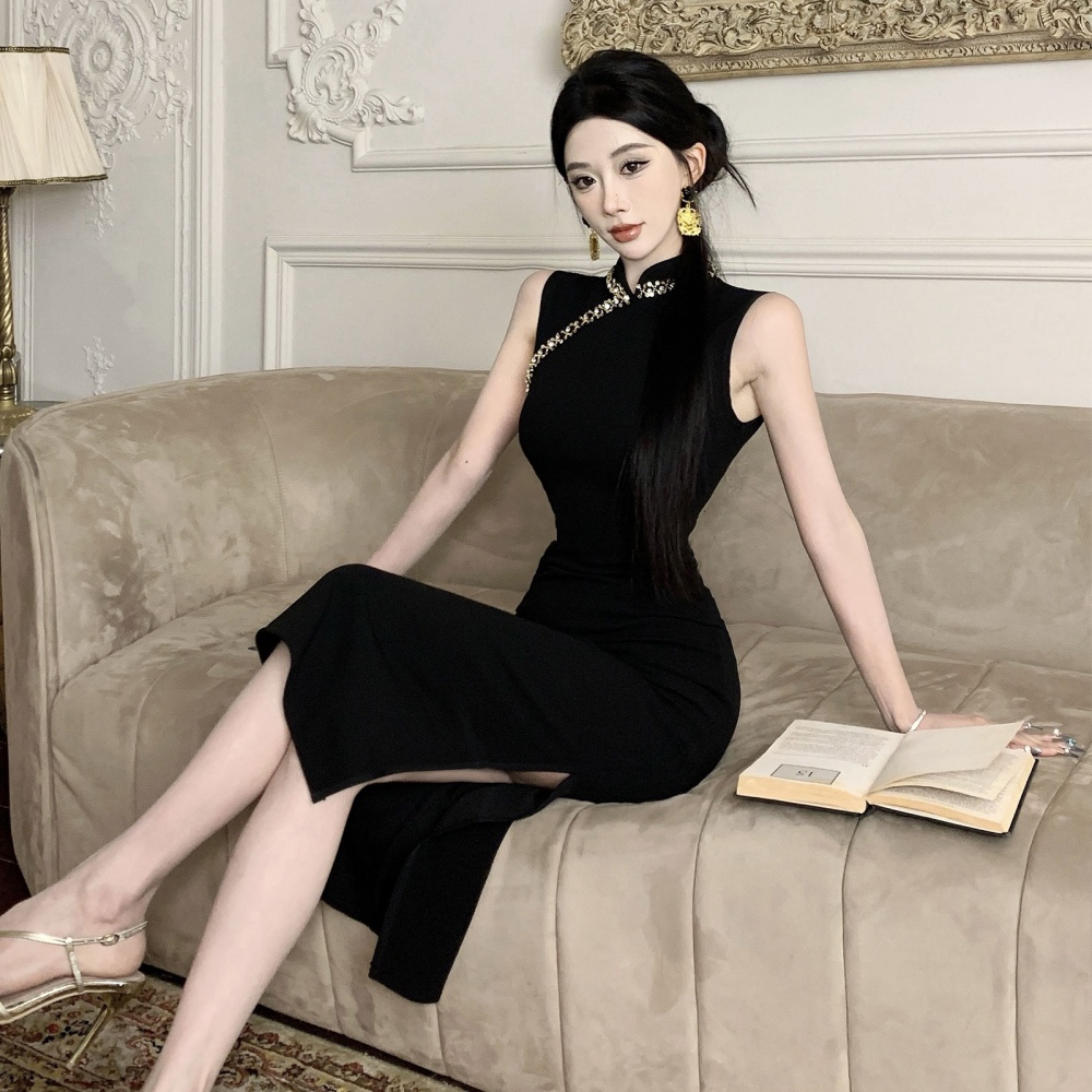 Elegant noble cheongsam retro beading long dress