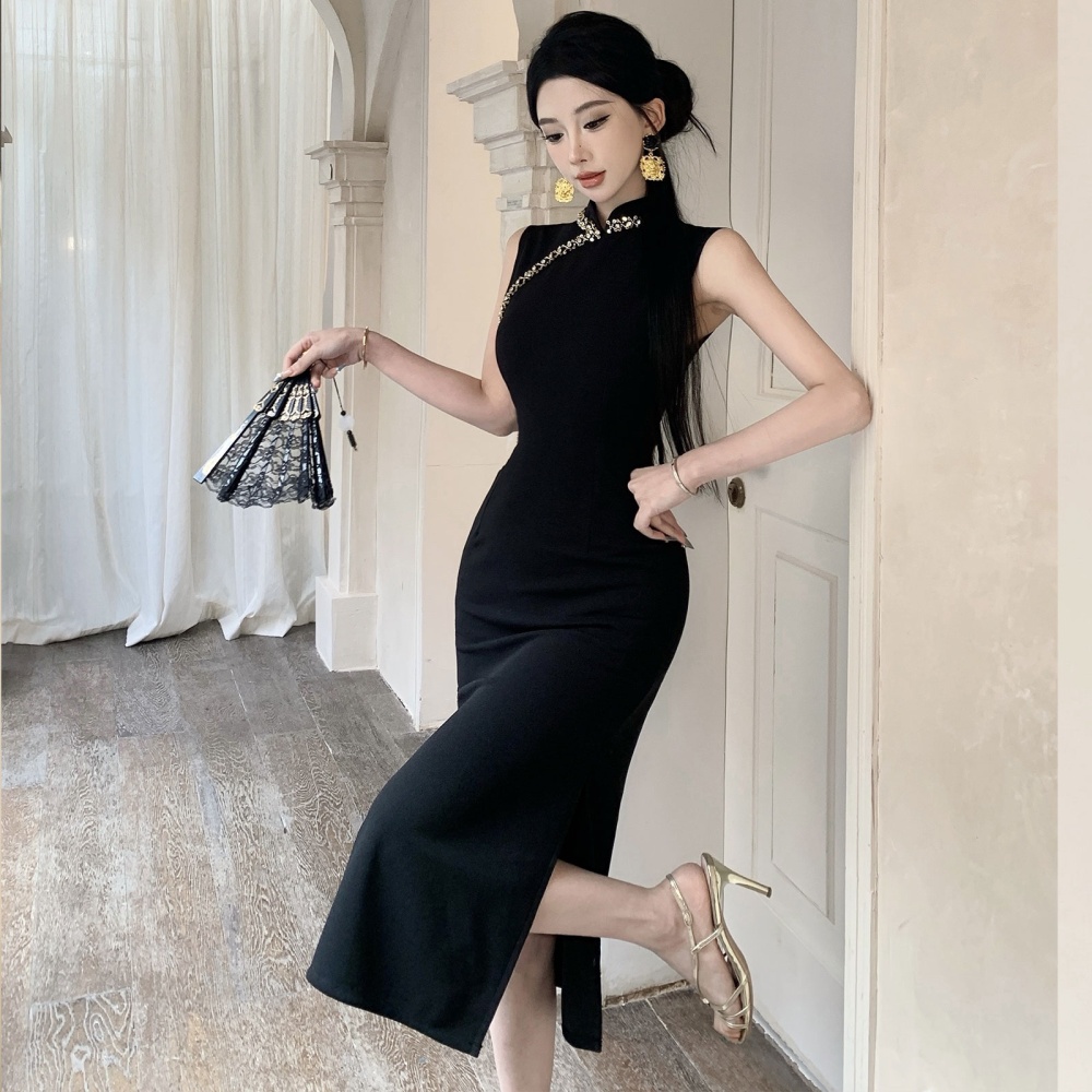 Elegant noble cheongsam retro beading long dress