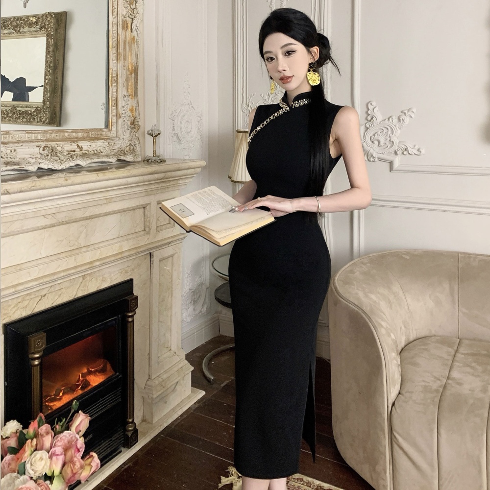 Elegant noble cheongsam retro beading long dress