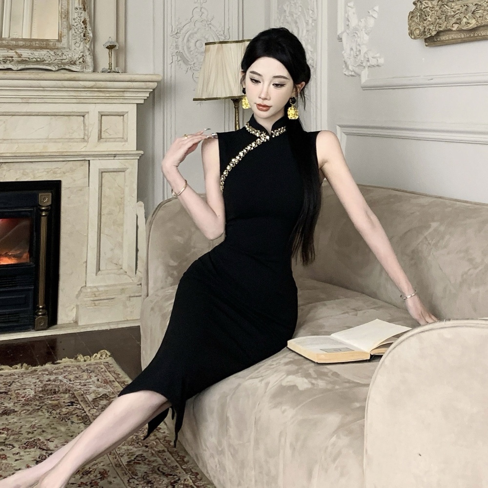 Elegant noble cheongsam retro beading long dress