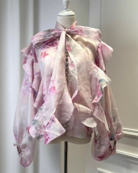 Pink printing spring shirt lantern sleeve silk linen tops