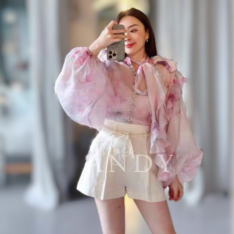 Pink printing spring shirt lantern sleeve silk linen tops