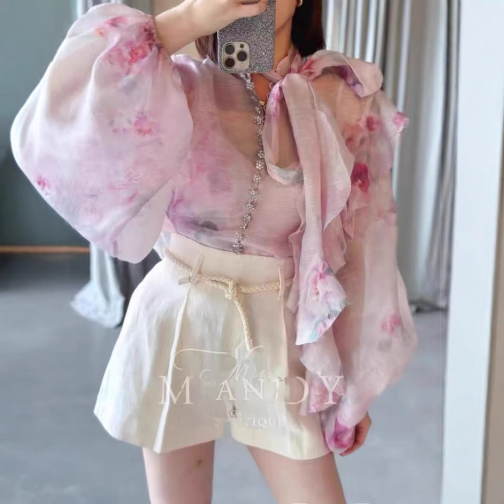 Pink printing spring shirt lantern sleeve silk linen tops