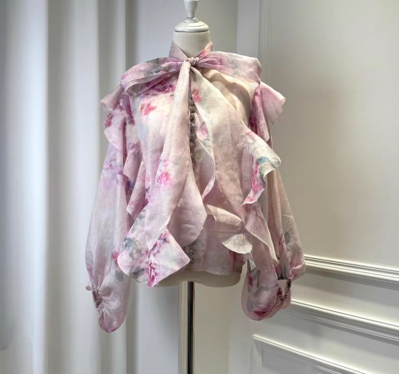 Pink printing spring shirt lantern sleeve silk linen tops