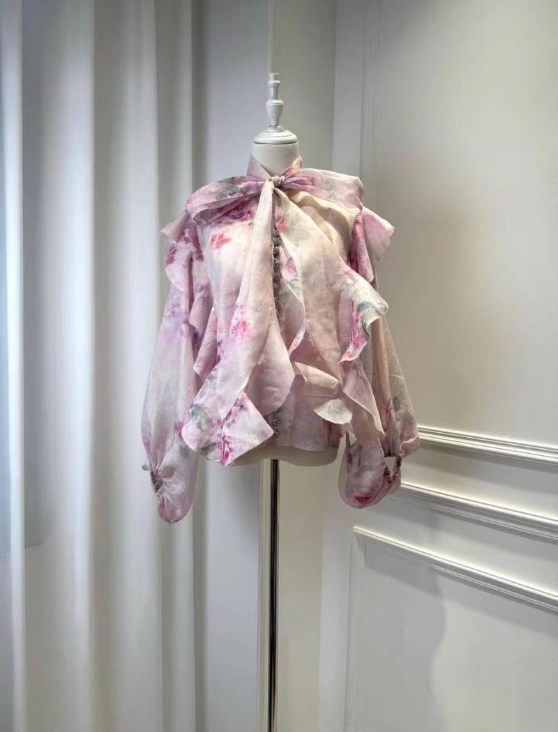 Pink printing spring shirt lantern sleeve silk linen tops