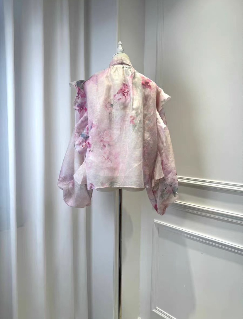 Pink printing spring shirt lantern sleeve silk linen tops