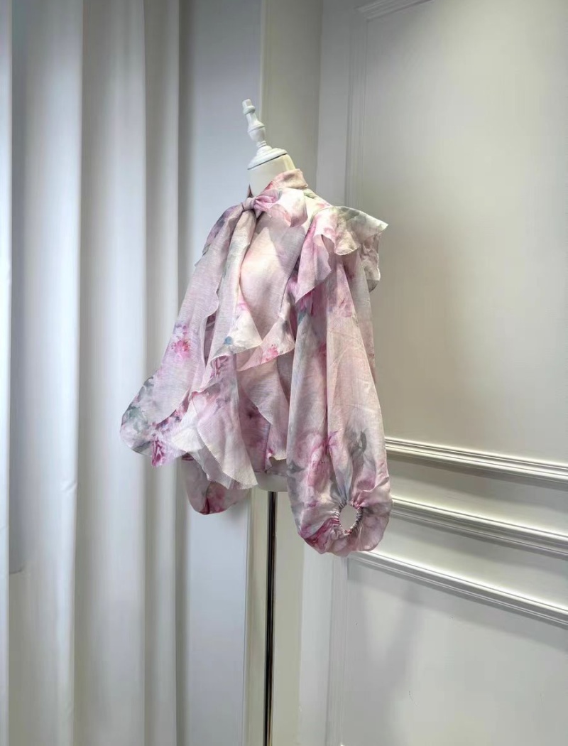 Pink printing spring shirt lantern sleeve silk linen tops