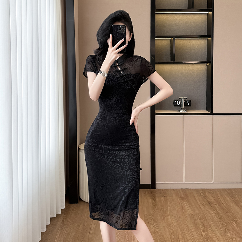 Chinese style evening dress split dress for women