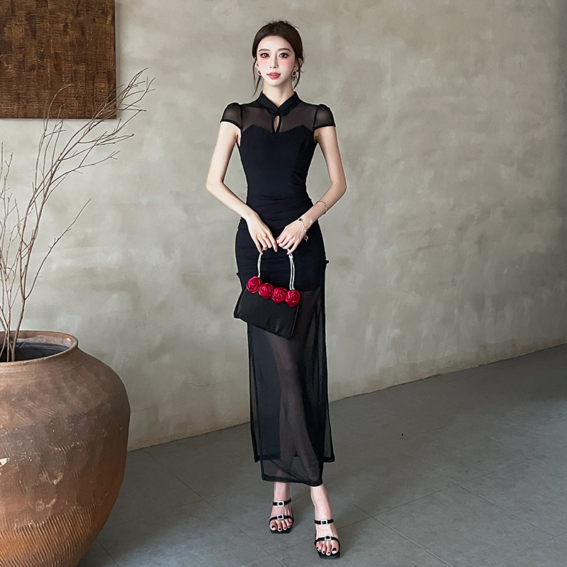 Sexy fashion black slim dress retro long maiden cheongsam