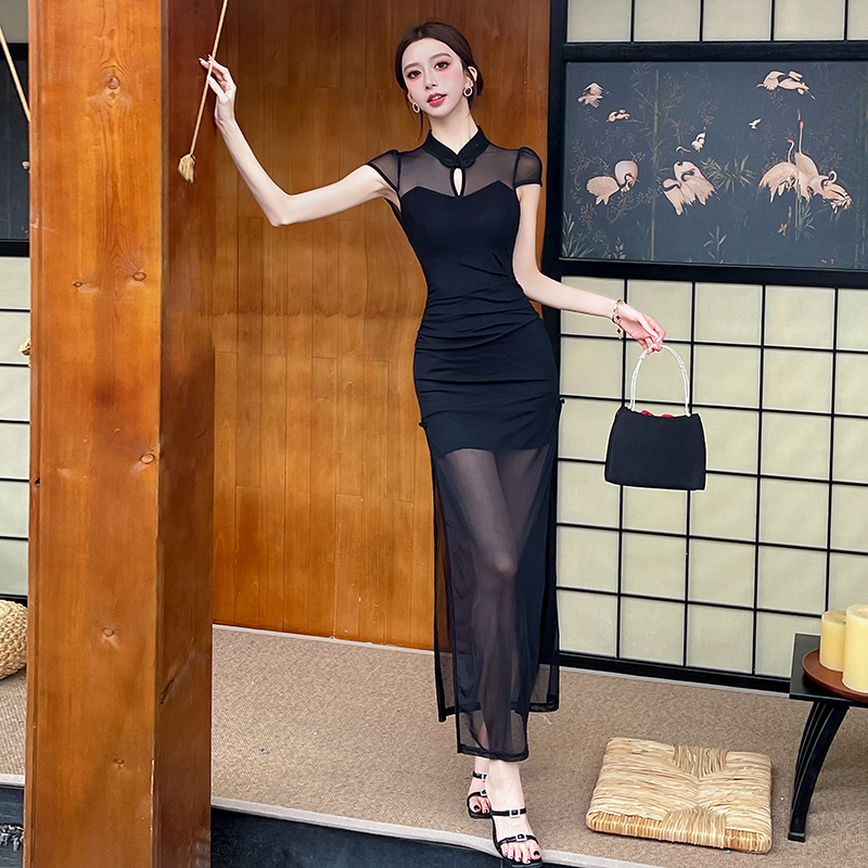 Sexy fashion black slim dress retro long maiden cheongsam