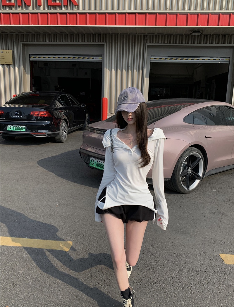 Hooded long sleeve tops white slim shorts 2pcs set for women