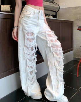 Hollow jeans white wide leg pants for women