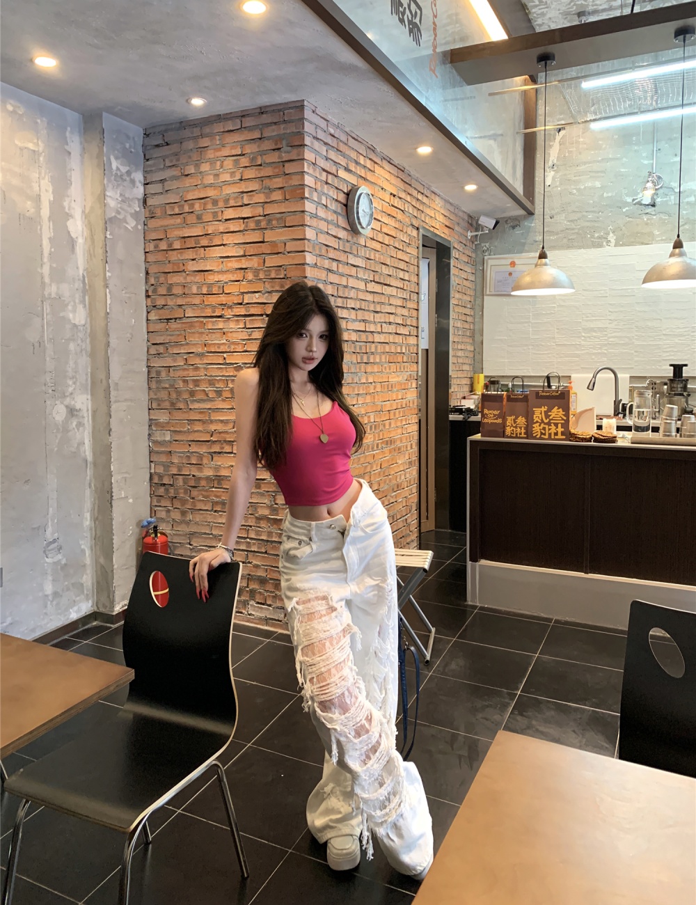 Hollow jeans white wide leg pants for women