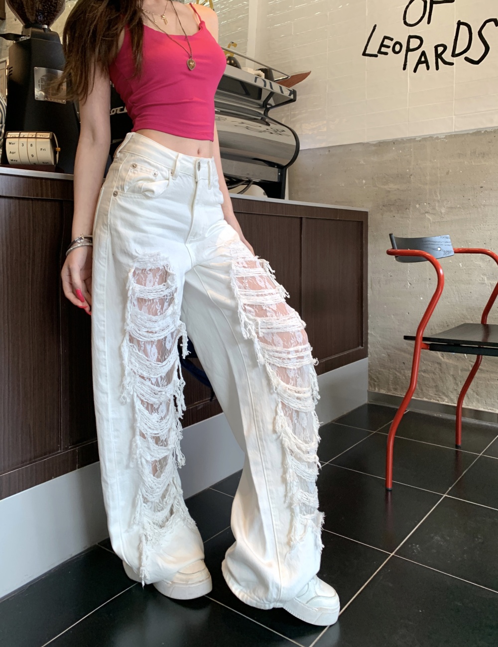 Hollow jeans white wide leg pants for women