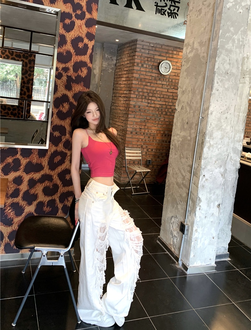 Hollow jeans white wide leg pants for women