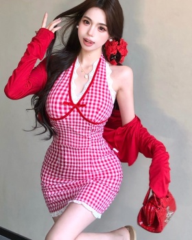 Halter retro tops red lace strap dress 2pcs set for women