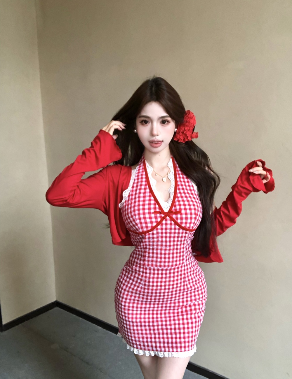 Halter retro tops red lace strap dress 2pcs set for women