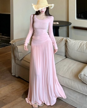 Long sleeve fold long skirt pink T-shirt 2pcs set for women