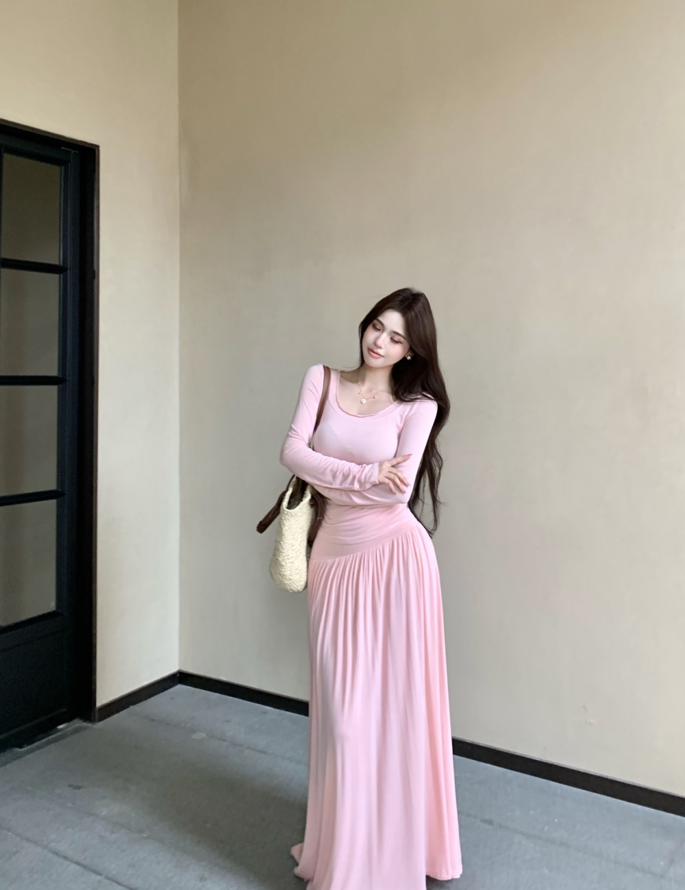 Long sleeve fold long skirt pink T-shirt 2pcs set for women