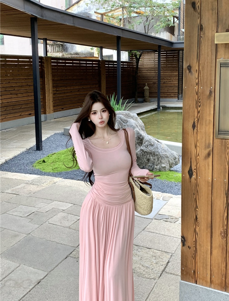 Long sleeve fold long skirt pink T-shirt 2pcs set for women