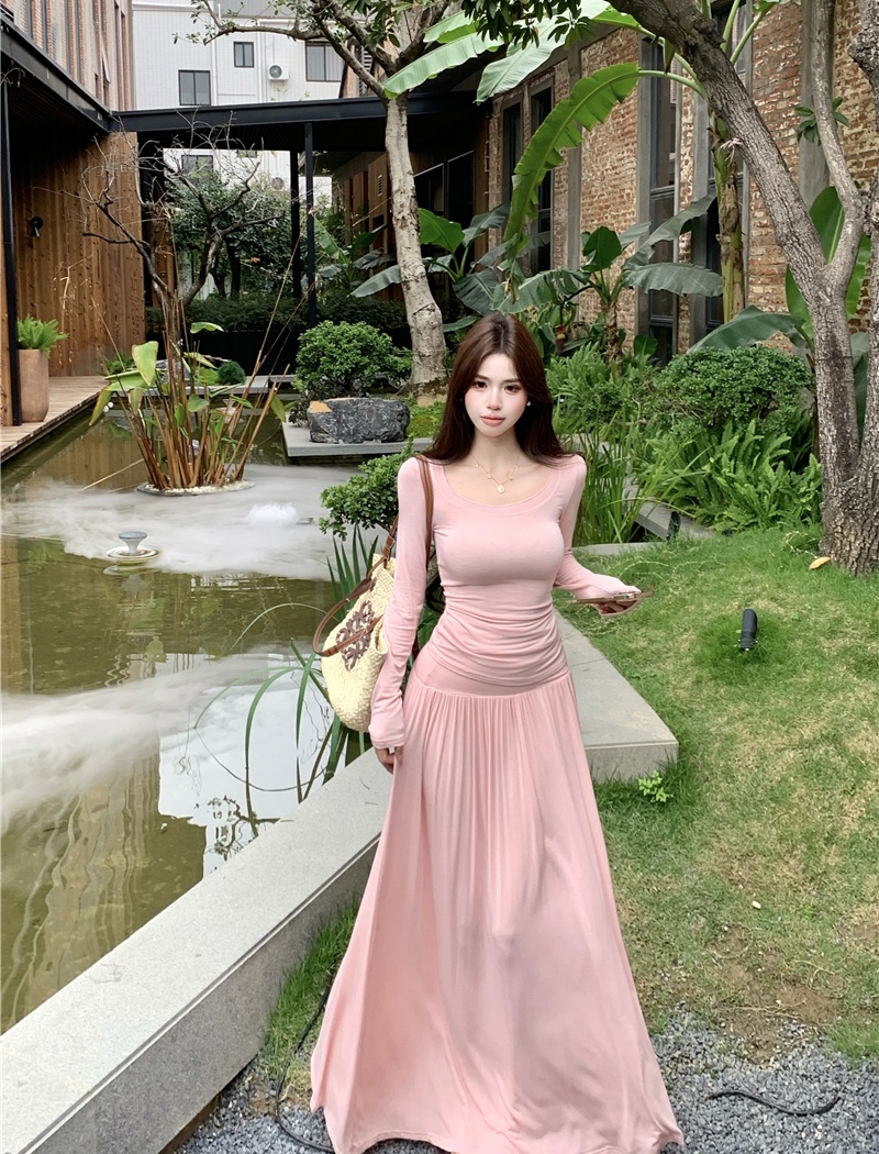 Long sleeve fold long skirt pink T-shirt 2pcs set for women