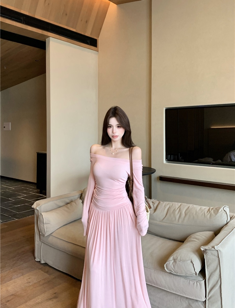 Long sleeve fold long skirt pink T-shirt 2pcs set for women