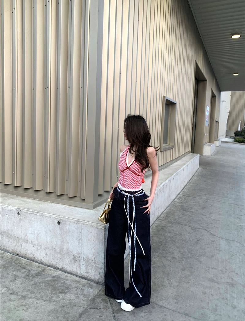 Wide leg Casual jeans navy blue loose long pants for women