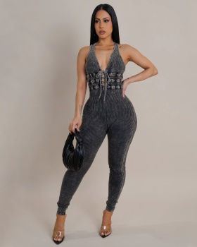 Sleeveless retro screw thread pants washed tight jumpsuit