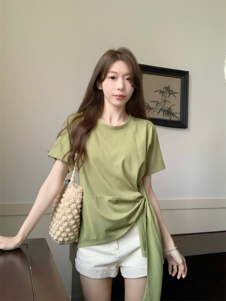 Summer short sleeve pinched waist unique tops for women