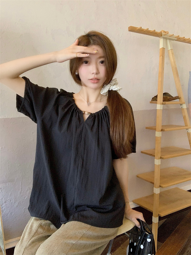 Summer round neck loose tops temperament slim thin small shirt