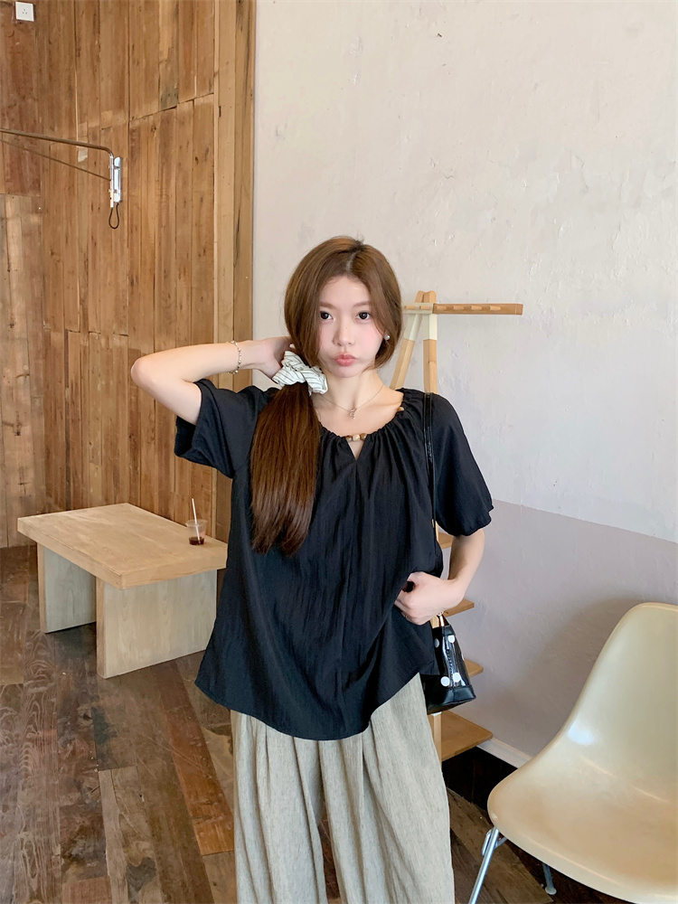 Summer round neck loose tops temperament slim thin small shirt