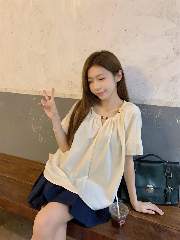 Summer round neck loose tops temperament slim thin small shirt