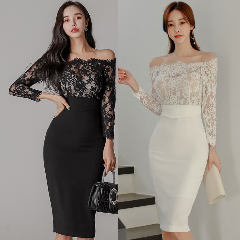 Slim temperament package hip lace Korean style dress