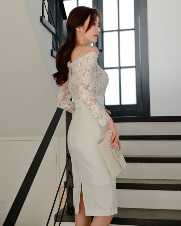 Slim temperament package hip lace Korean style dress