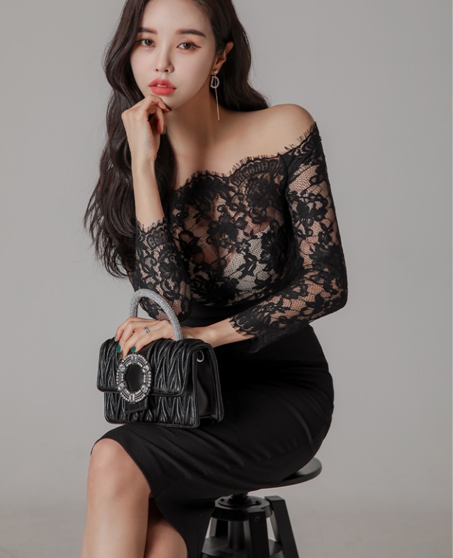 Slim temperament package hip lace Korean style dress