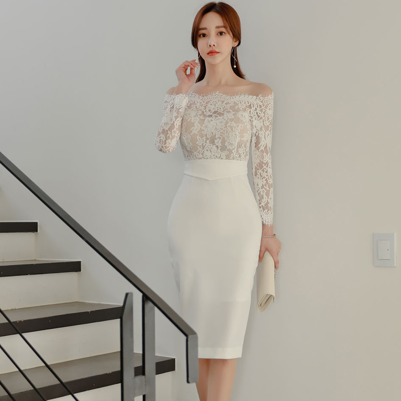 Slim temperament package hip lace Korean style dress