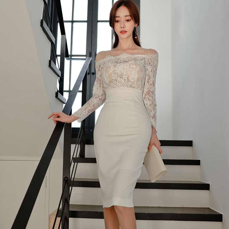 Slim temperament package hip lace Korean style dress