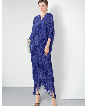 Tassels loose bat sleeve slim Pleats Please dress