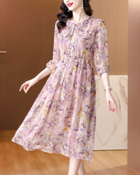 Elegant silk summer temperament floral luxurious dress